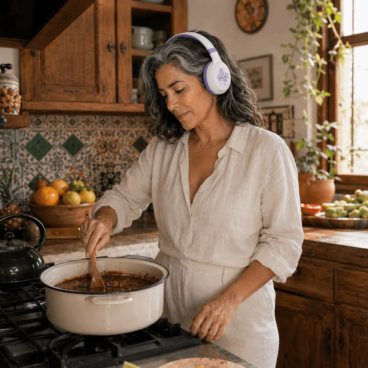 A woman cooking at her stove, stirring a pot while listening with headphones
