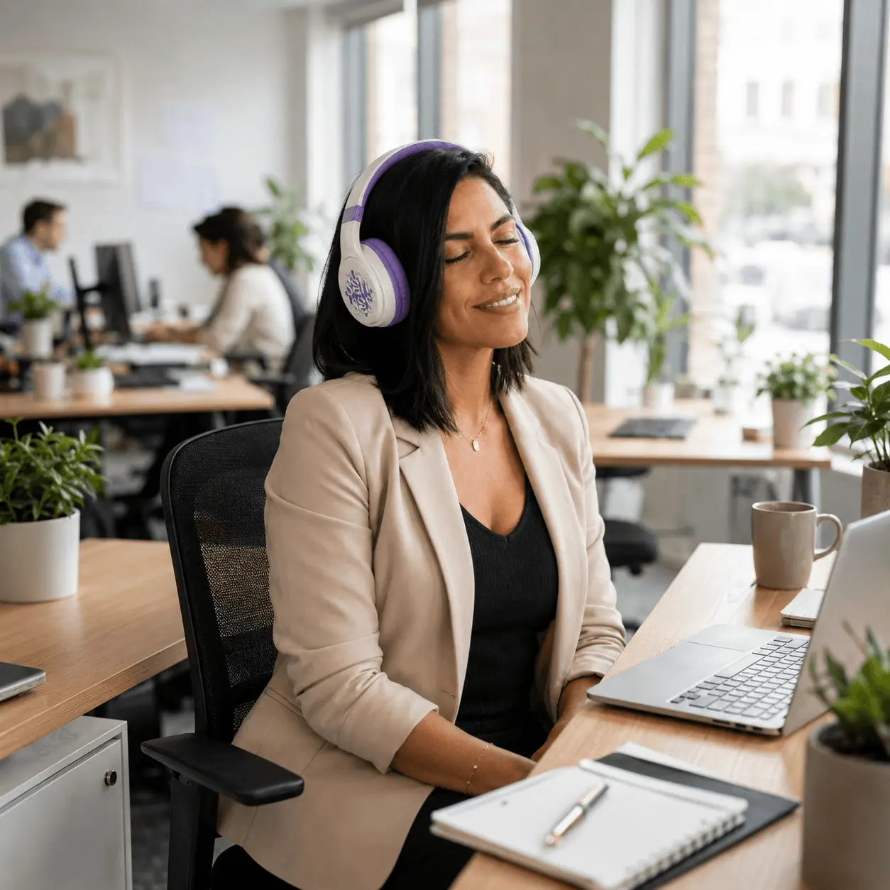 A woman at her office desk wearing headphones, eyes closed, taking a listening break