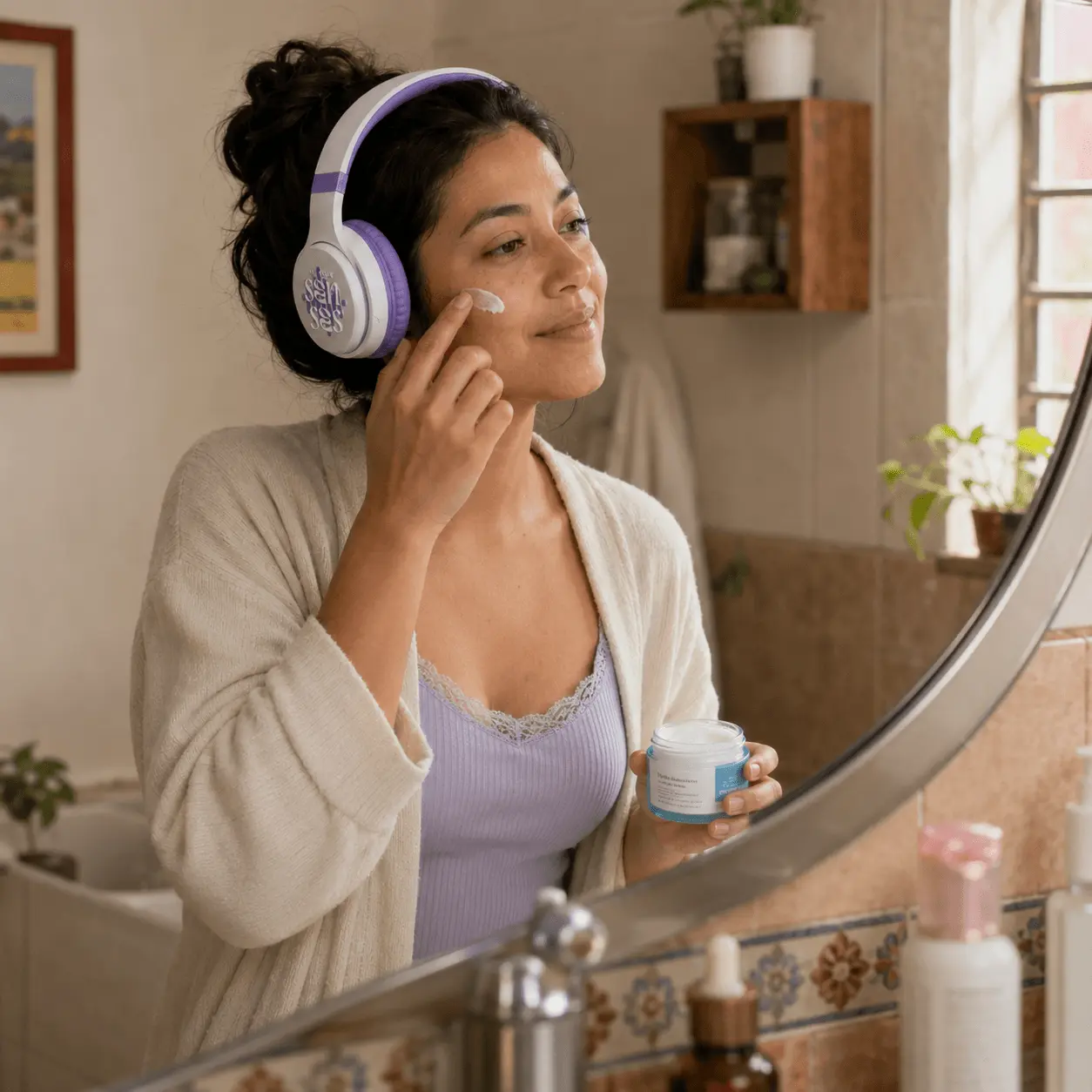 A woman applying skincare at her bathroom mirror while wearing headphones
